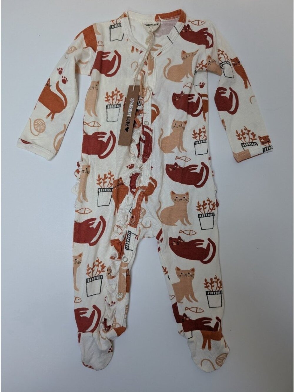 Spearmint Love Cat Print Footie Pajamas Girls 3-6 Months Ruffle Baby Sleeper